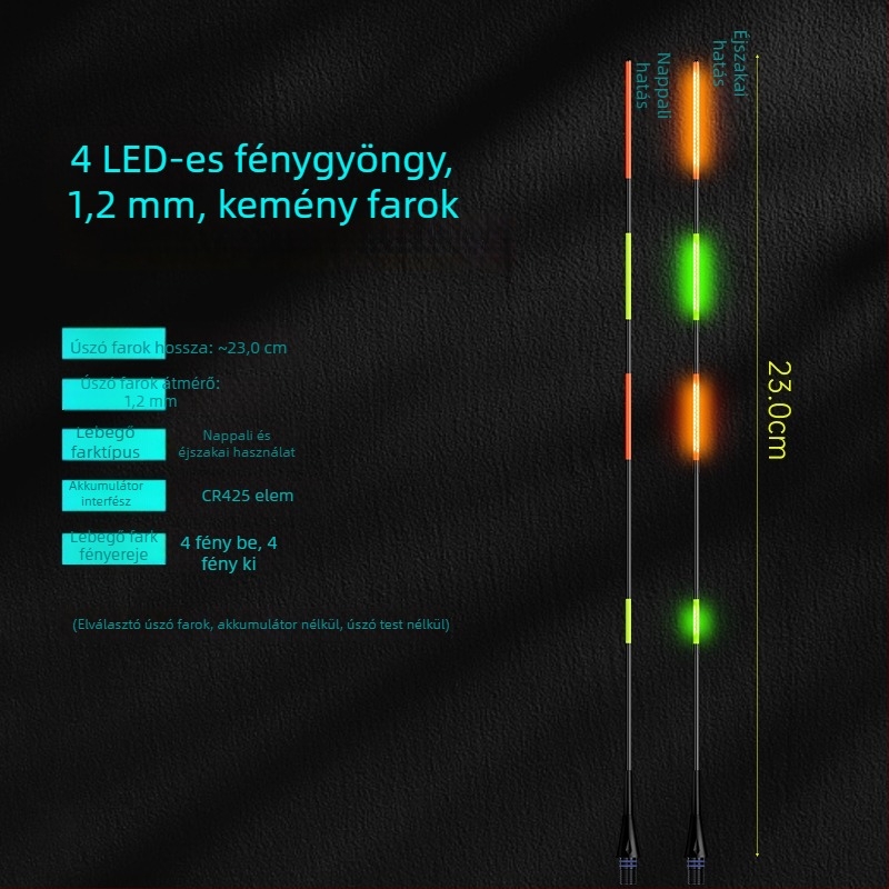LED lebegő farkú horgász úszó — nagy fényerő, 322/425 dupla LED-sor, színváltás, nappali és éjszakai használatra