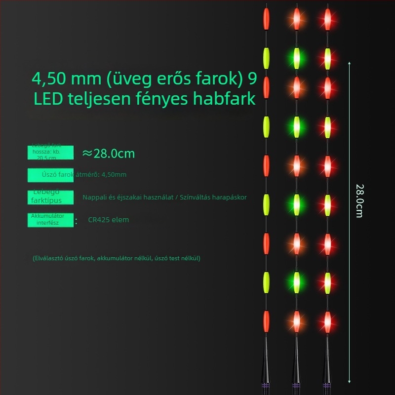LED lebegő farkú horgász úszó — nagy fényerő, 322/425 dupla LED-sor, színváltás, nappali és éjszakai használatra