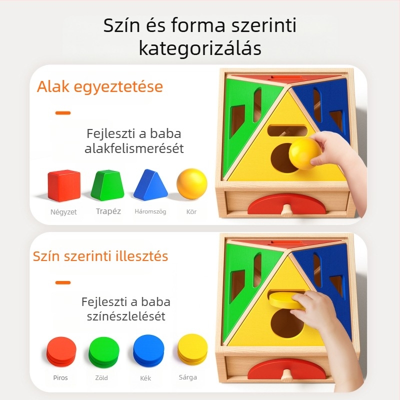 Montessori fa játék a színek és formák felismerésére – korai fejlesztést támogató építőblokkok, 0-3 év