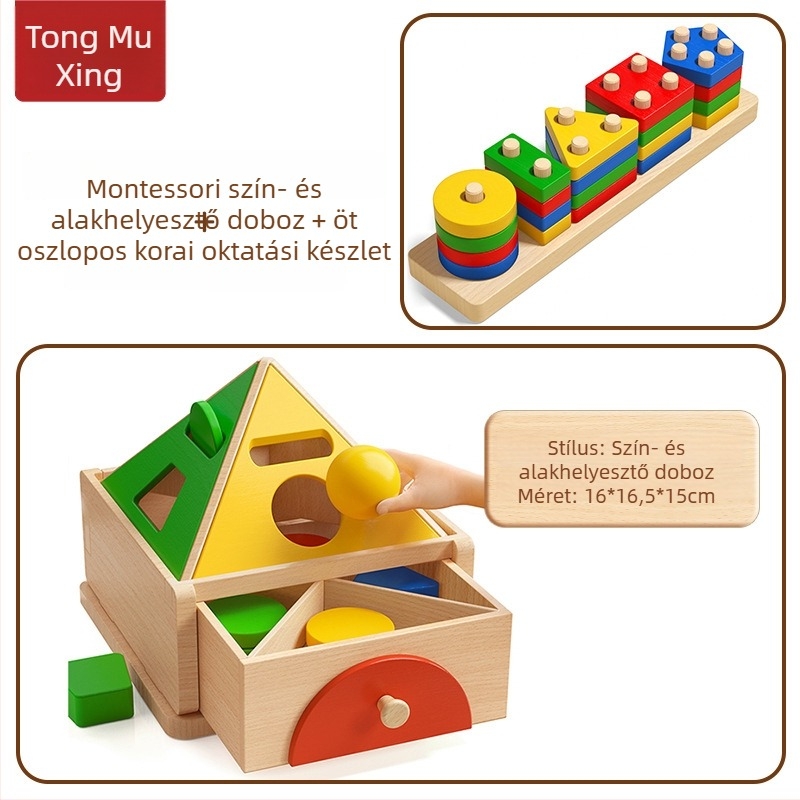 Montessori fa játék a színek és formák felismerésére – korai fejlesztést támogató építőblokkok, 0-3 év