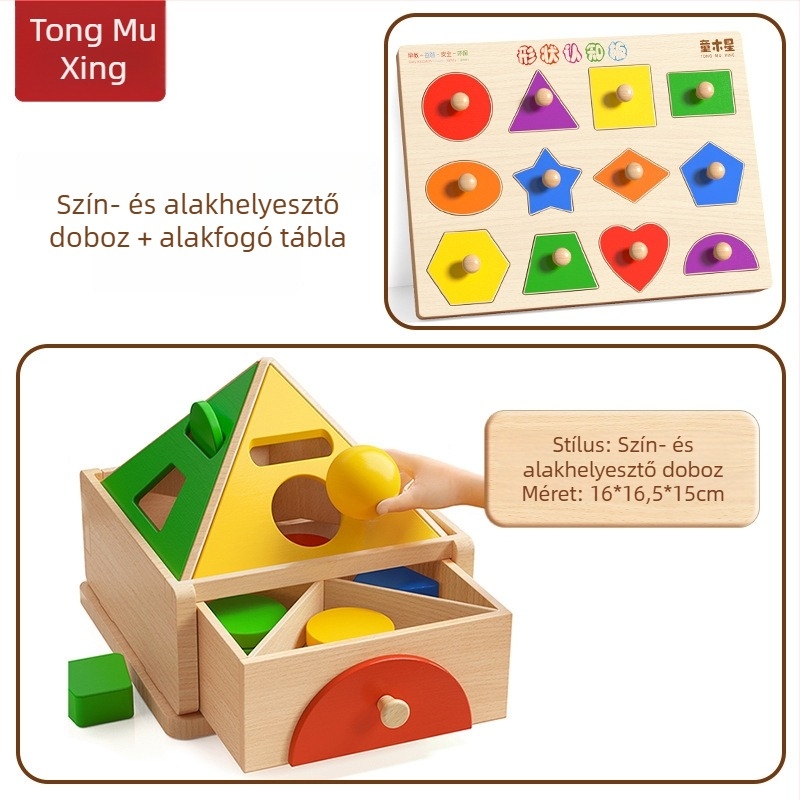 Montessori fa játék a színek és formák felismerésére – korai fejlesztést támogató építőblokkok, 0-3 év