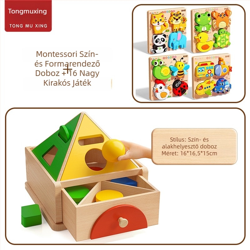 Montessori fa játék a színek és formák felismerésére – korai fejlesztést támogató építőblokkok, 0-3 év