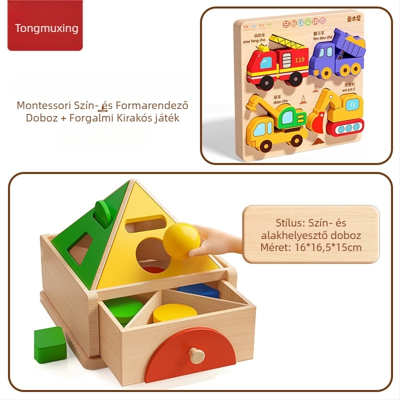 Montessori fa játék a színek és formák felismerésére – korai fejlesztést támogató építőblokkok, 0-3 év