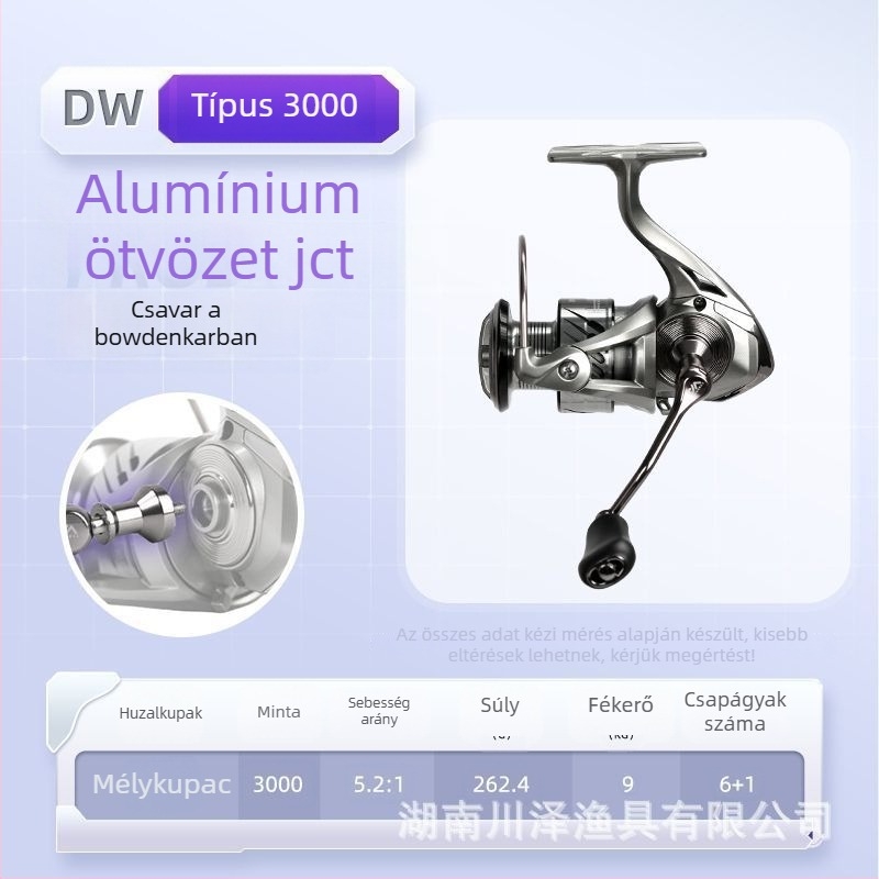 Kawasawa spinningorsó, teljesen fémből készült test, előfeszítéses fék, hosszú dobás