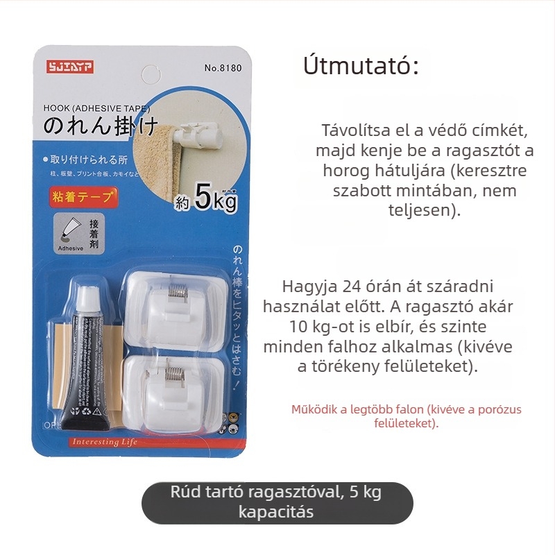 Fúrás nélküli függönyrúd tartó teleszkópos rúddal, műanyag, max terhelés 5 kg, japán stílus, 2 db