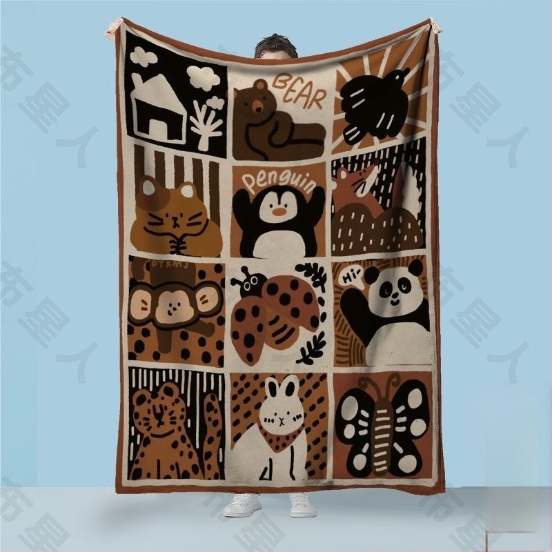 Khaki színű állatos mintás fleece pléd, osztályterembe, irodába vagy otthonra — szélvédett, 230–240 g/m²