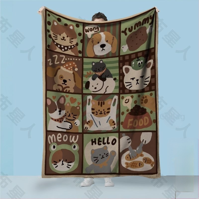Khaki színű állatos mintás fleece pléd, osztályterembe, irodába vagy otthonra — szélvédett, 230–240 g/m²