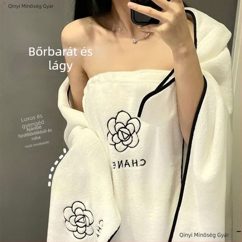Kaméliás fürdő törölköző készlet nőknek – 3 részes viselhető fürdőköntös, törölköző és sapka a haj szárításához; mikroszálas, 500 g+; 19 szál