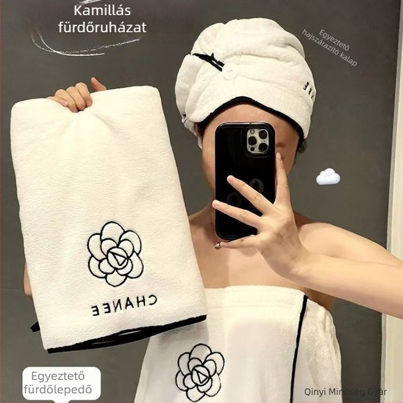 Kaméliás fürdő törölköző készlet nőknek – 3 részes viselhető fürdőköntös, törölköző és sapka a haj szárításához; mikroszálas, 500 g+; 19 szál