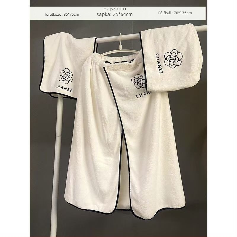 Kaméliás fürdő törölköző készlet nőknek – 3 részes viselhető fürdőköntös, törölköző és sapka a haj szárításához; mikroszálas, 500 g+; 19 szál