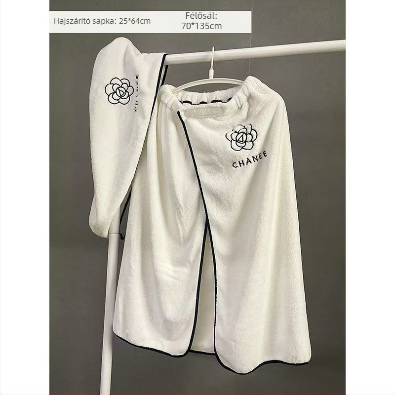 Kaméliás fürdő törölköző készlet nőknek – 3 részes viselhető fürdőköntös, törölköző és sapka a haj szárításához; mikroszálas, 500 g+; 19 szál