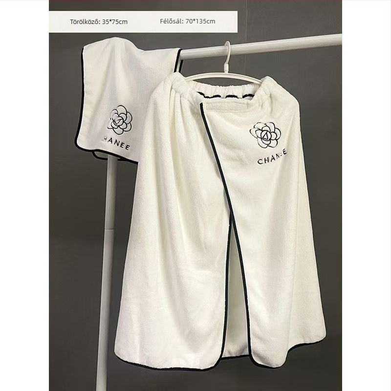 Kaméliás fürdő törölköző készlet nőknek – 3 részes viselhető fürdőköntös, törölköző és sapka a haj szárításához; mikroszálas, 500 g+; 19 szál