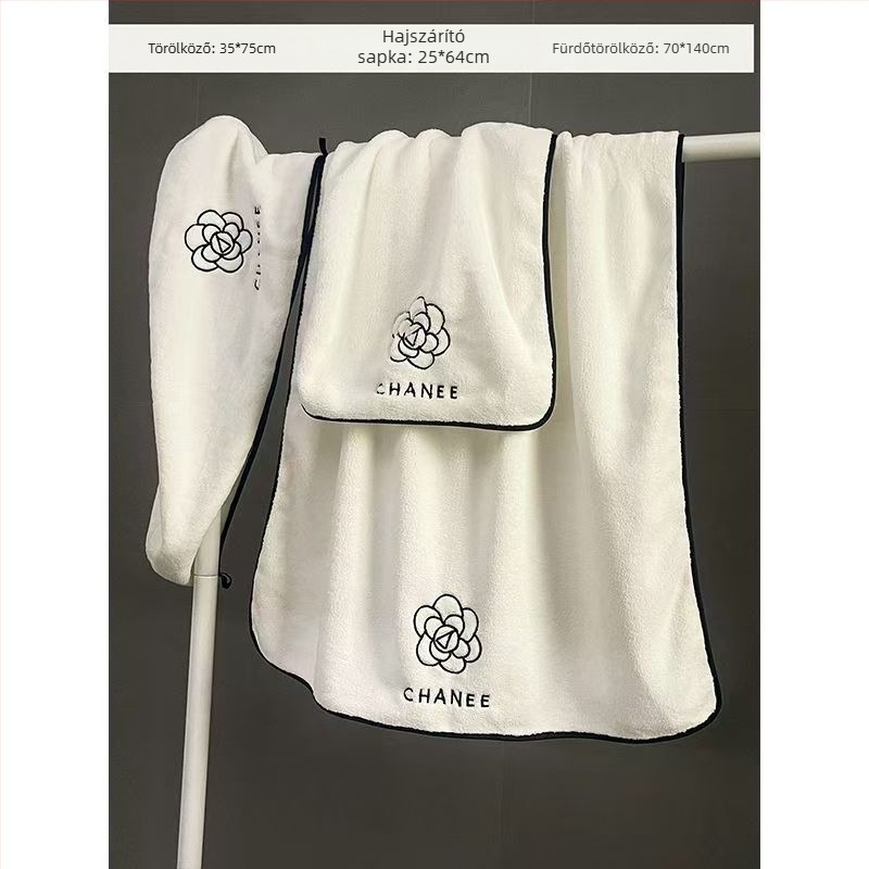 Kaméliás fürdő törölköző készlet nőknek – 3 részes viselhető fürdőköntös, törölköző és sapka a haj szárításához; mikroszálas, 500 g+; 19 szál