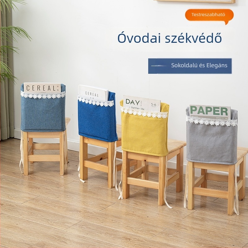 Gyermek asztal- és székfedő névvel hímzett, aranyos óvodai fedő tároló zsebbel