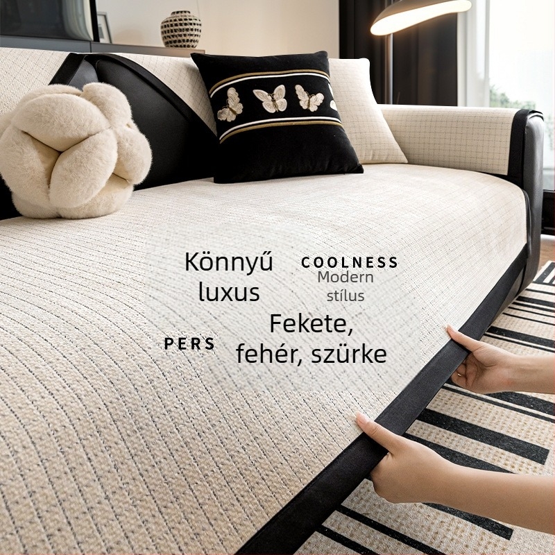 Új, könnyed luxusérzetű kanapévédő: fekete-szürke rácsmintás, négy évszakos, olasz minimalist quilted, csúszásmentes