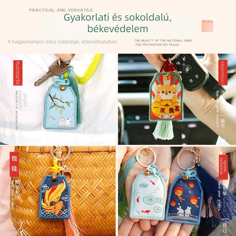 Kínai stílusú áldást hozó védő talizmánnal és kulcstartóval ellátott hímzőkészlet – illatos zsákhoz való anyagkészlet, ajándék születésnapra vagy diplomaosztóra