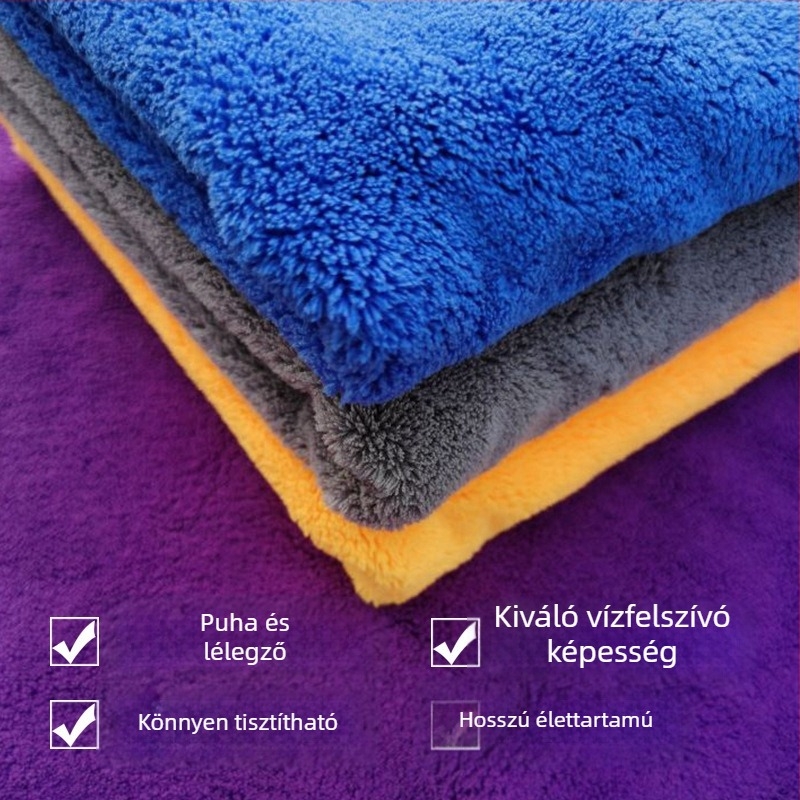 Autómosó törölköző – szegély nélküli coral velvet, vastagított, rendkívül nedvszívó, gyorsan száradó kendő; kevert fonal, egyszerű szövés, 80 g/m²