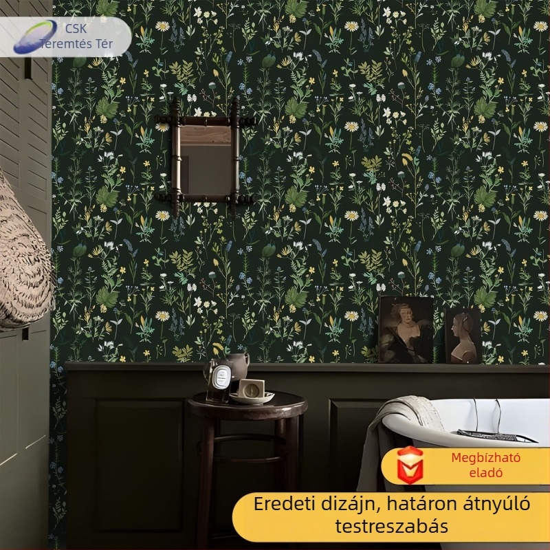 Öntapadós virágos tapéta európai retro bohem stílusú ruhásszekrényhez, sötét apró virágos mintával