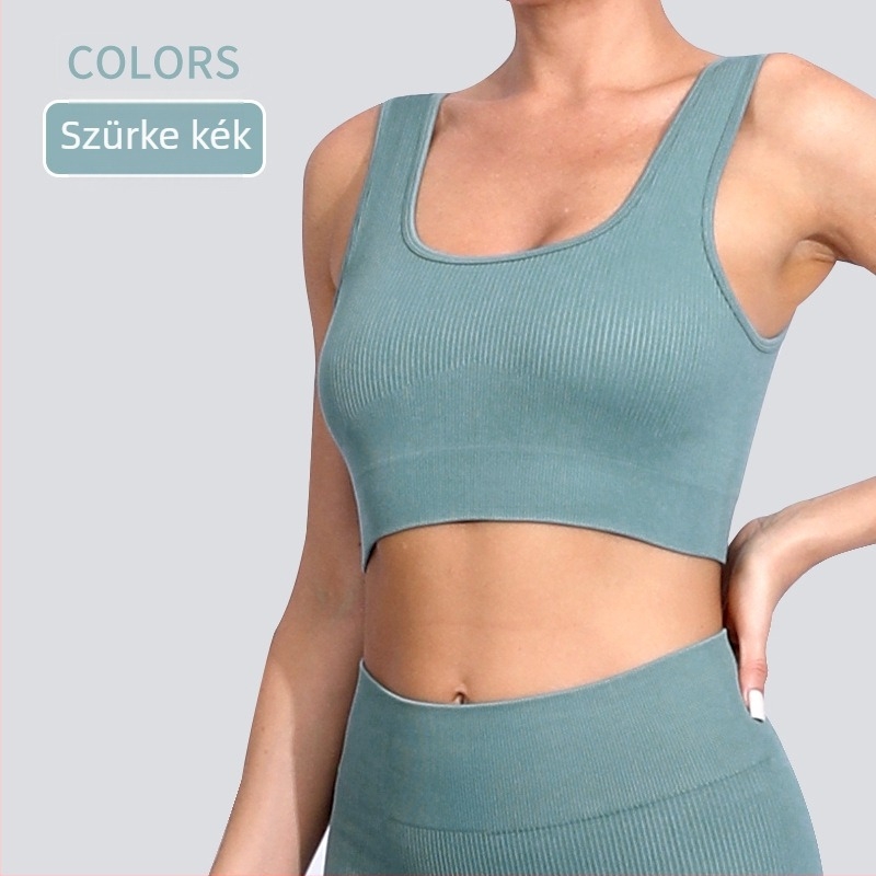 Női jóga felső varrás nélküli, 3/4 kosár, középen formázott kosár, rögzített dupla vállpánt, gyorsan száradó nylon-spandex keverék