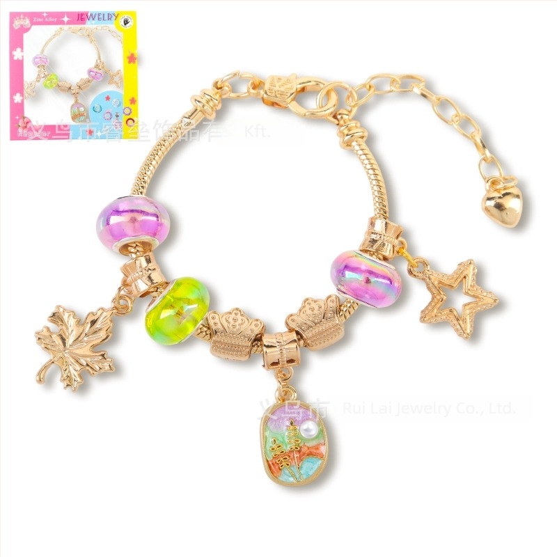 DIY gyöngy karkötő gyerekeknek, állítható lánccal, olajfestmény-stílus, levél alakú dizájn, cinkötvözet, imitációs kristály és gyöngyház bevonat