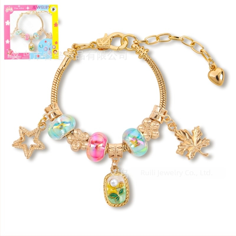 DIY gyöngy karkötő gyerekeknek, állítható lánccal, olajfestmény-stílus, levél alakú dizájn, cinkötvözet, imitációs kristály és gyöngyház bevonat