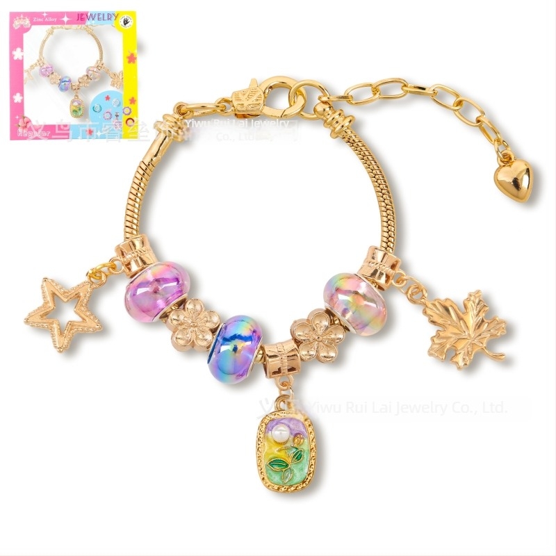 DIY gyöngy karkötő gyerekeknek, állítható lánccal, olajfestmény-stílus, levél alakú dizájn, cinkötvözet, imitációs kristály és gyöngyház bevonat