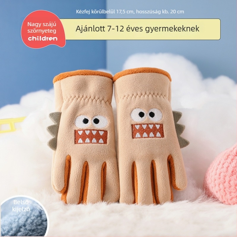 Gyerekek téli kesztyűje fleece béléses, ötujjas, karikatúra mintával, 7–12 éveseknek