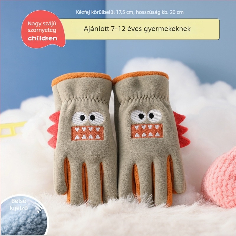 Gyerekek téli kesztyűje fleece béléses, ötujjas, karikatúra mintával, 7–12 éveseknek