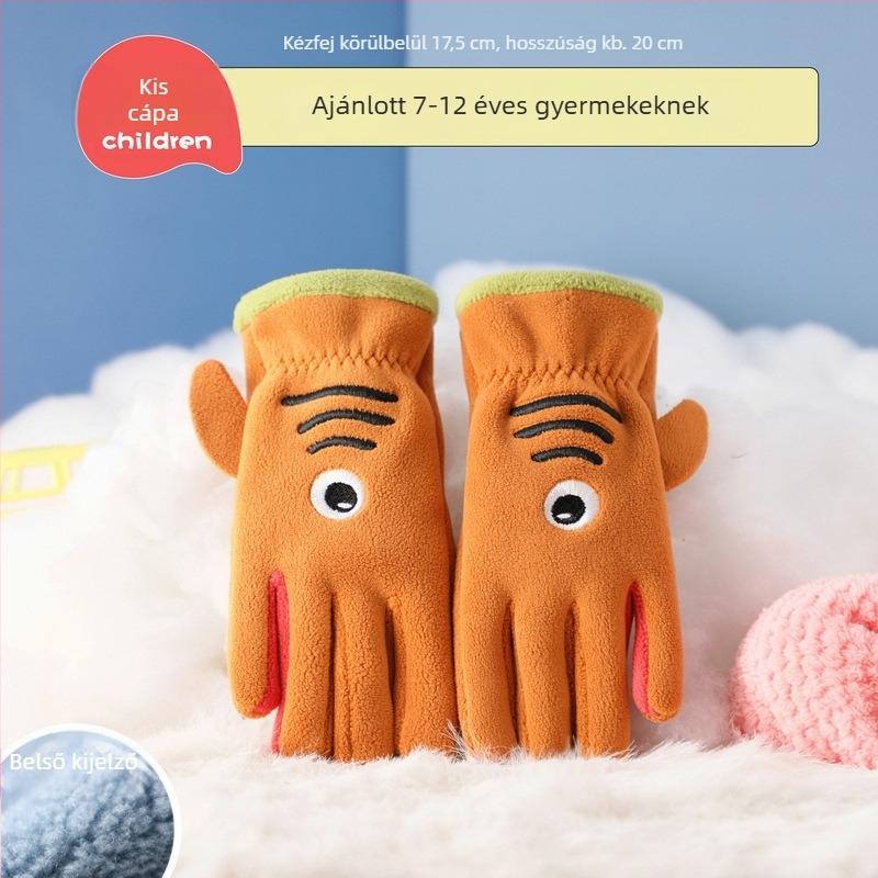 Gyerekek téli kesztyűje fleece béléses, ötujjas, karikatúra mintával, 7–12 éveseknek