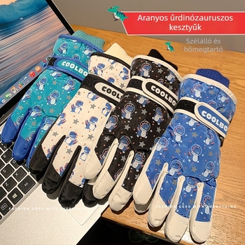 Gyerekek síkesztyűi, téli meleg fleece-bélés és vastag kivitel, vízálló és hidegálló, külön ujjas, karikatúra mintázat, fiúknak és lányoknak