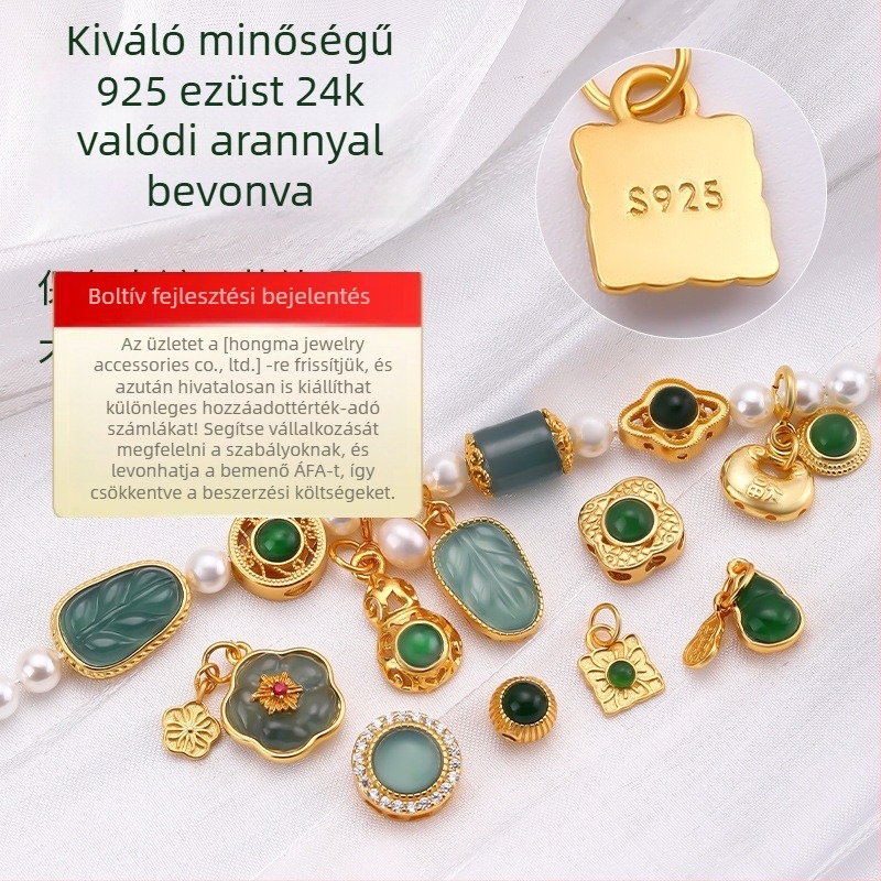 Hongma jáde medál, 925 ezüst aranyozott bevonattal, intarzázott kivitel, uniszex, levél alakú