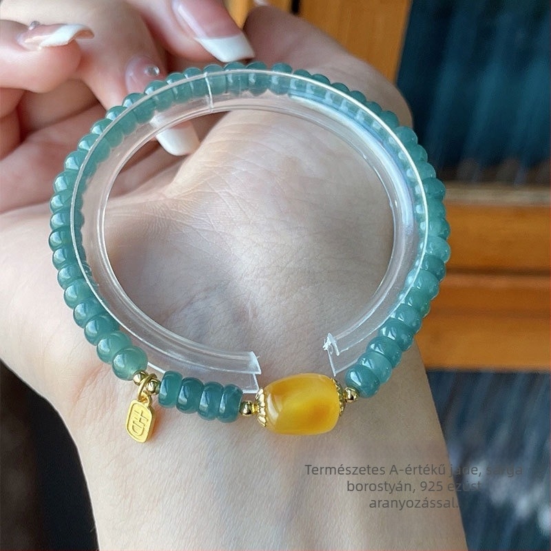 Jádeit abaku-gyöngyökből álló karkötő, jéghatású fény, 925-ös ezüst, kínai stílusban