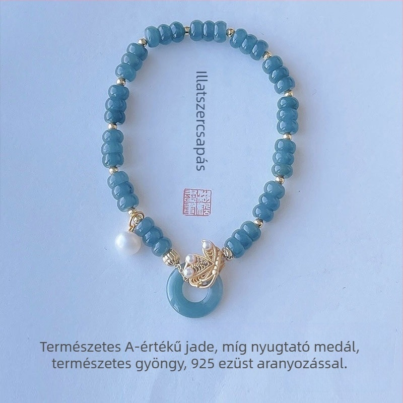 Jádeit abaku-gyöngyökből álló karkötő, jéghatású fény, 925-ös ezüst, kínai stílusban