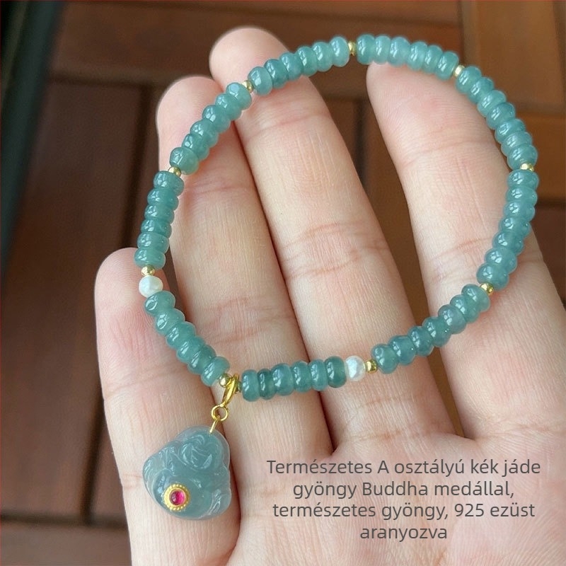 Jádeit abaku-gyöngyökből álló karkötő, jéghatású fény, 925-ös ezüst, kínai stílusban