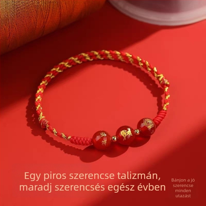 2026-os piros fonalas karkötő kígyó zodiákus Tai Sui amulettel, kötött, uniszex