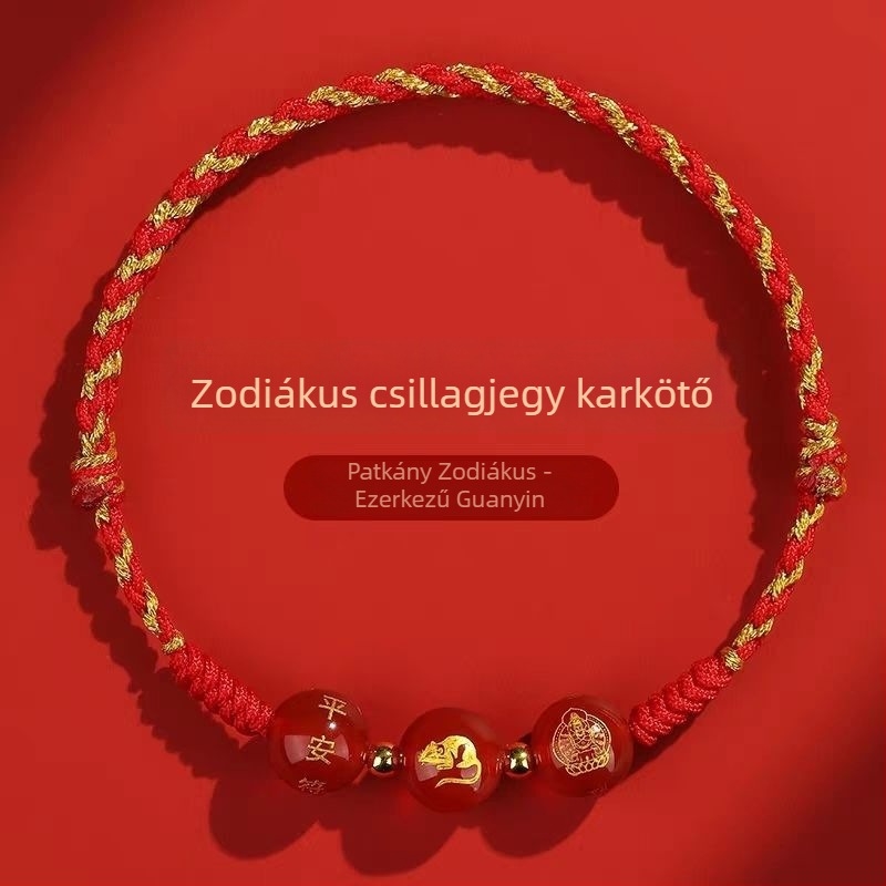 2026-os piros fonalas karkötő kígyó zodiákus Tai Sui amulettel, kötött, uniszex
