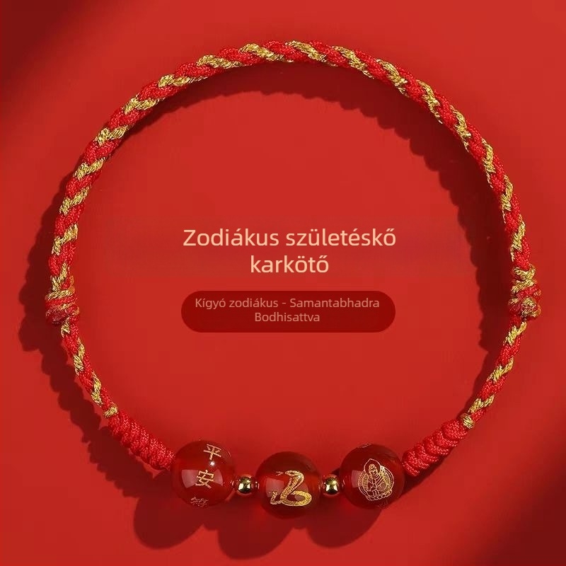 2026-os piros fonalas karkötő kígyó zodiákus Tai Sui amulettel, kötött, uniszex