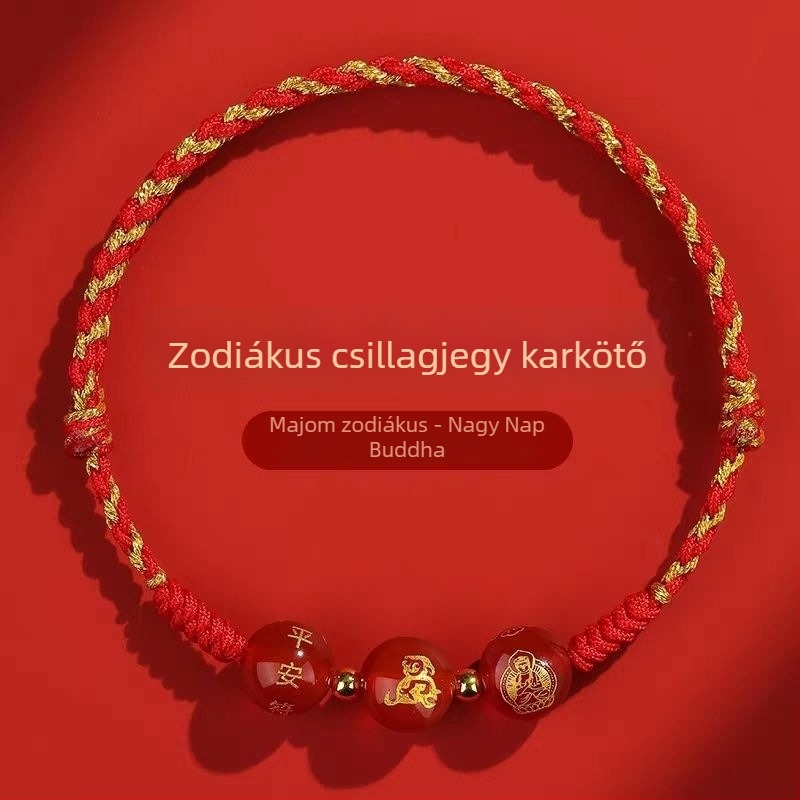 2026-os piros fonalas karkötő kígyó zodiákus Tai Sui amulettel, kötött, uniszex