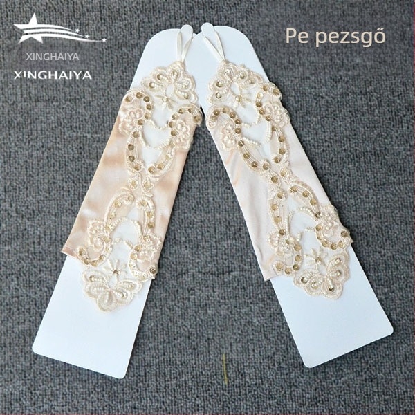 Csipkés ujjak nélküli kesztyű viráglány esküvői kiegészítő, fehér, hosszú gyöngyös díszítéssel