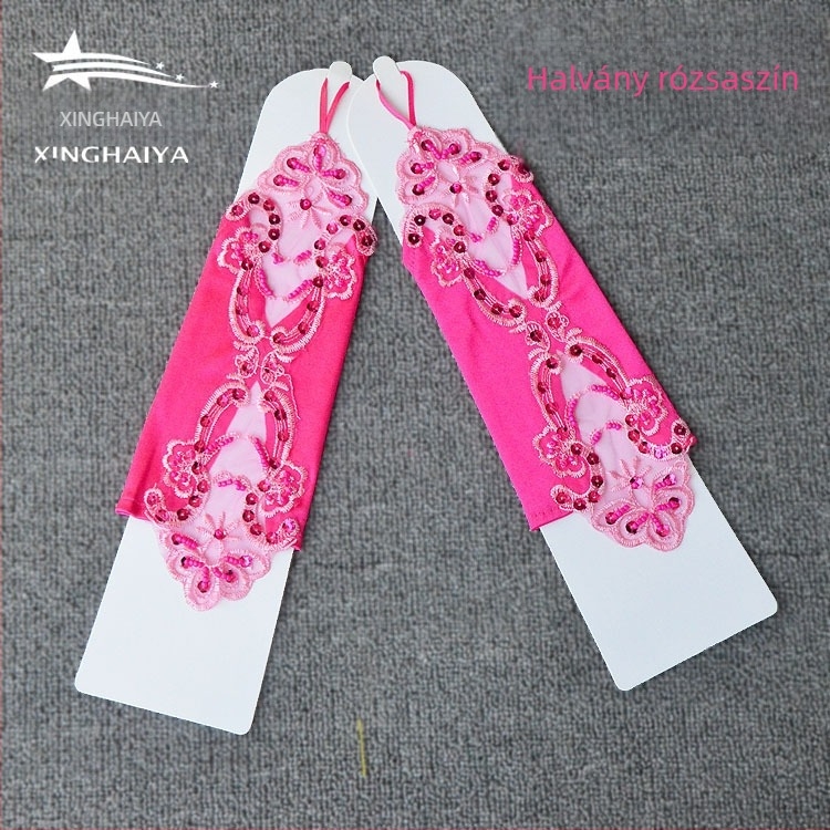 Csipkés ujjak nélküli kesztyű viráglány esküvői kiegészítő, fehér, hosszú gyöngyös díszítéssel