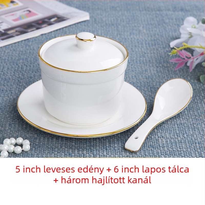 Porcelán vízfürdős főzőedény fedővel és kanállal — kerek, mikrohullámú sütőben használható, logóval