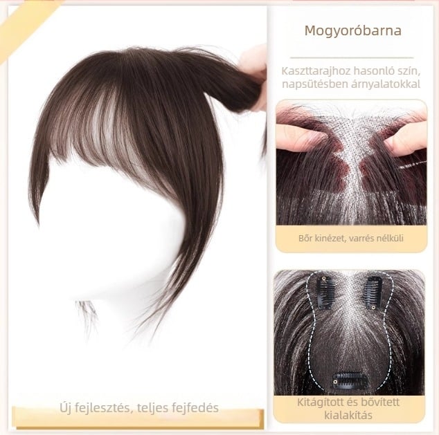 Topper hajpótló emberi hajból, modell F520, rögzítés mechanizmusa, egyenes haj, festhető és göndöríthető