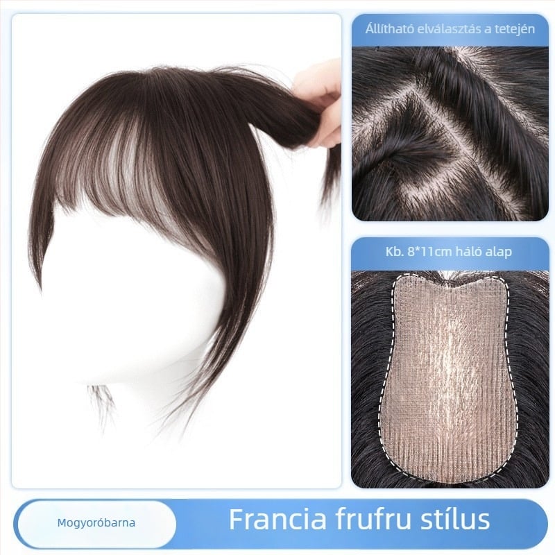 Topper hajpótló emberi hajból, modell F520, rögzítés mechanizmusa, egyenes haj, festhető és göndöríthető