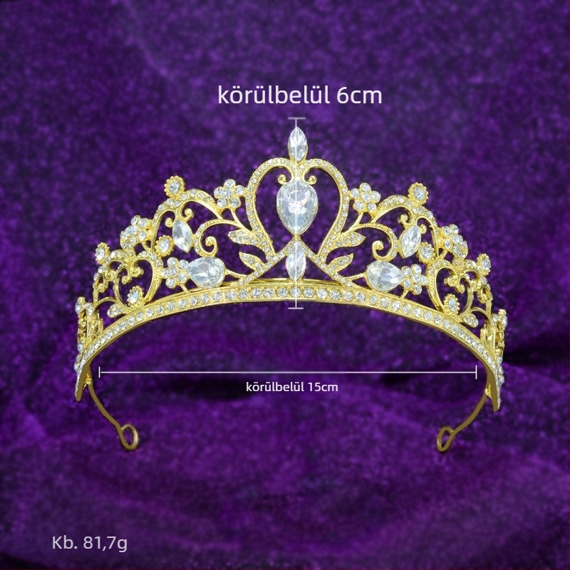 Menyasszonyi diadém Rhinestone kristályokkal, ötvözet, elektroplattázás, korona forma, vintage stílus