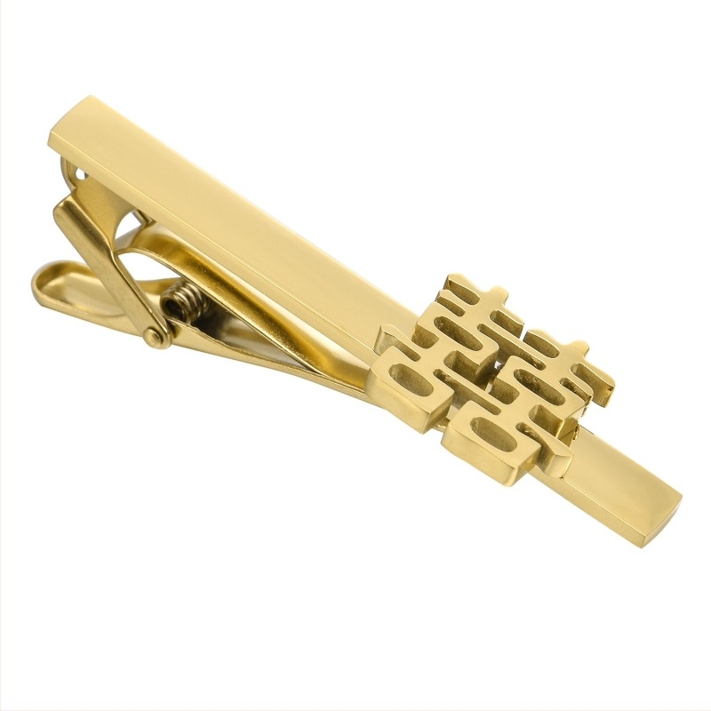 Uniszex acél mandzsettagombok és nyakkendőcsipesz készlet, dupla boldogság motívummal, elektroplatált felület