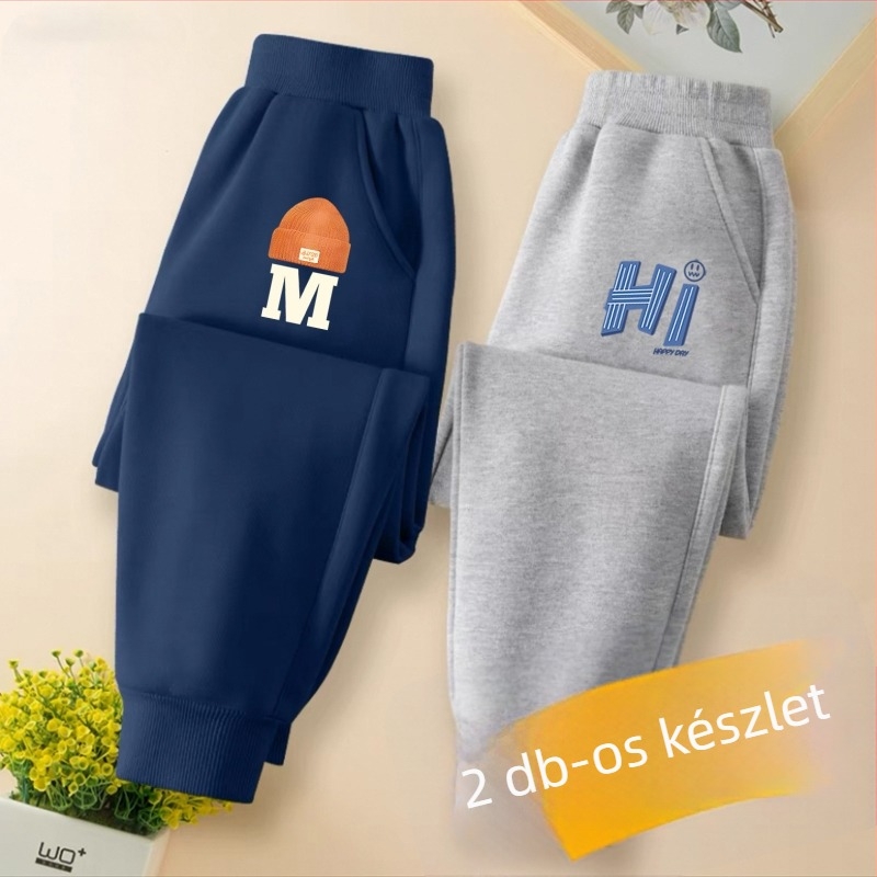 Gyerekeknek készült tréningnadrág, karikatúra mintával, pamut–keverék anyagból, középmagas derekú, 3–8 éveseknek.