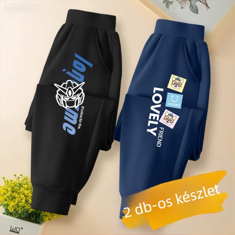 Gyerekeknek készült tréningnadrág, karikatúra mintával, pamut–keverék anyagból, középmagas derekú, 3–8 éveseknek.