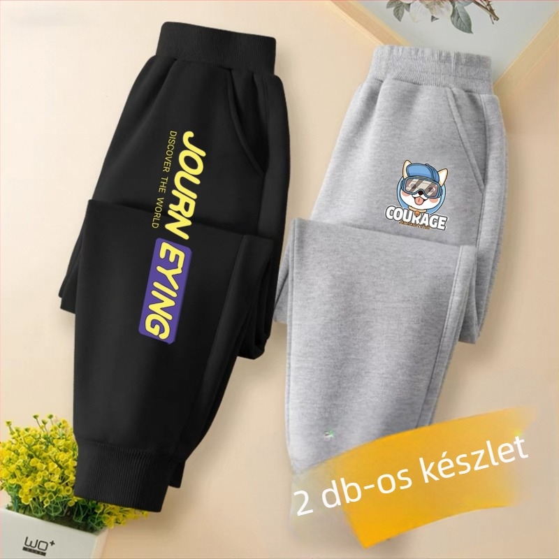Gyerekeknek készült tréningnadrág, karikatúra mintával, pamut–keverék anyagból, középmagas derekú, 3–8 éveseknek.
