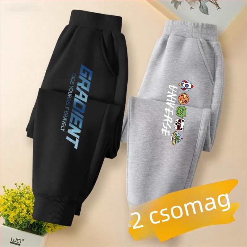 Gyerekeknek készült tréningnadrág, karikatúra mintával, pamut–keverék anyagból, középmagas derekú, 3–8 éveseknek.