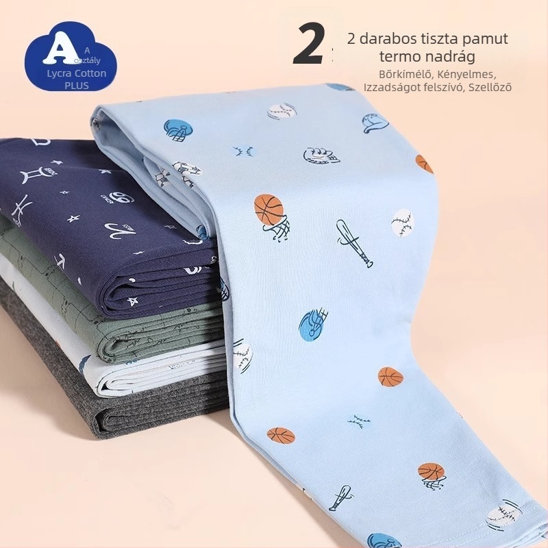 Fiúknak tervezett pamutgyapjú hosszú alsó, középső derekú, 100% pamut, őszi–téli, 3–8 éveseknek